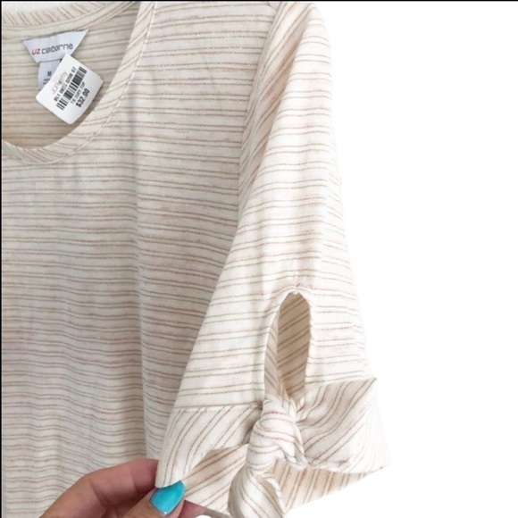 Liz Claiborne Cream Metallic Striped Tie Cuff Sleeves Pullover Top Medium - Picture 3 of 8